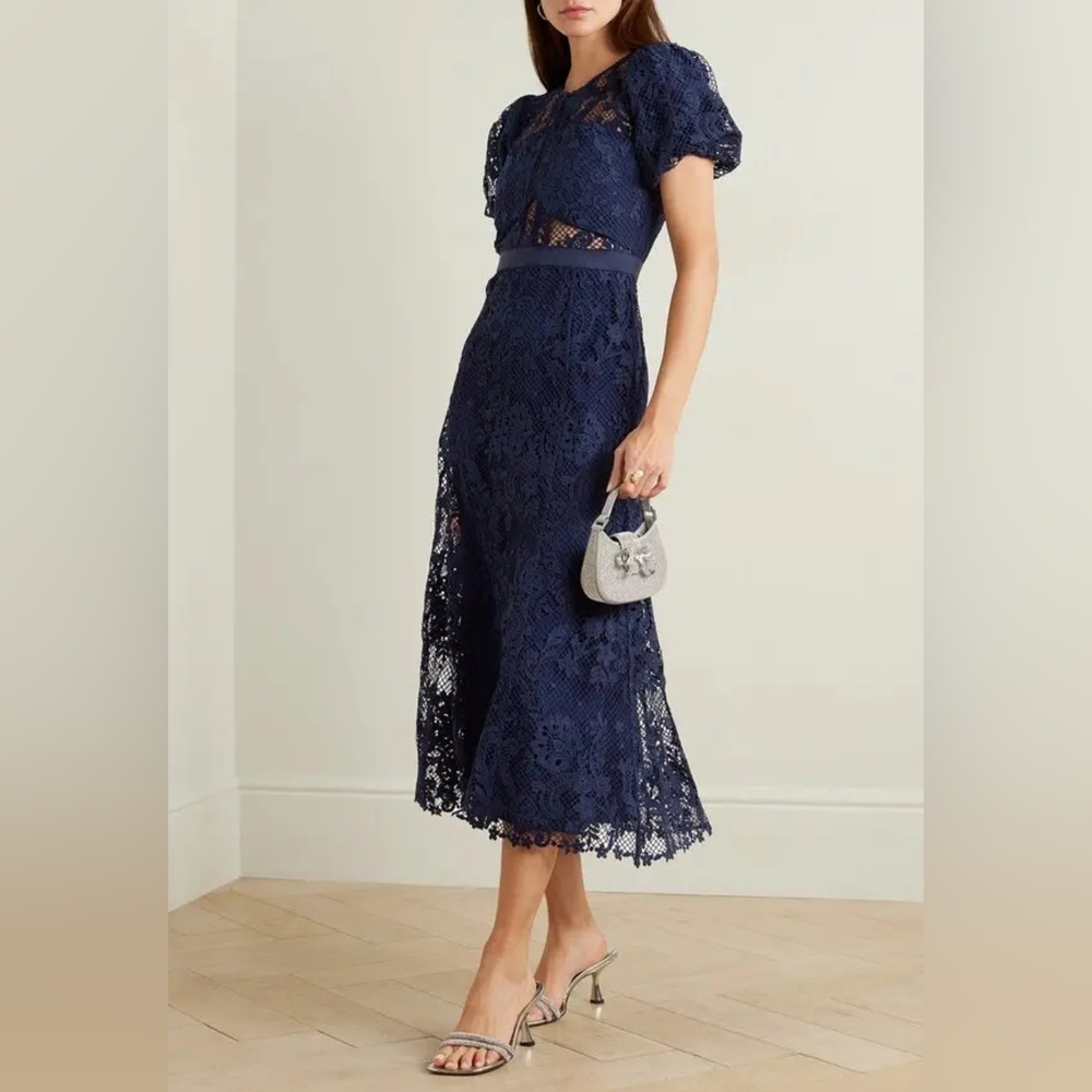 Self-Portrait Navy Lace Maxi Dress with Puff Sleeves